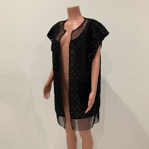 BNWT Steve Madden Black Lace Mesh Long Pocket Vest Swim Cover Up M/L